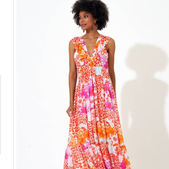 Oliphant Dresses & Skirts - Vibrant Oliphant V neck ruffle maxi dress, floral print, size S EUC!